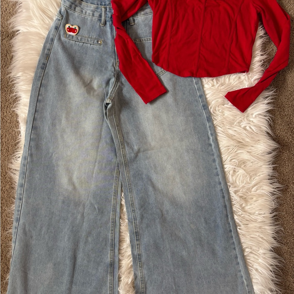 Red Long Sleeve Top and Wide-Leg Jeans